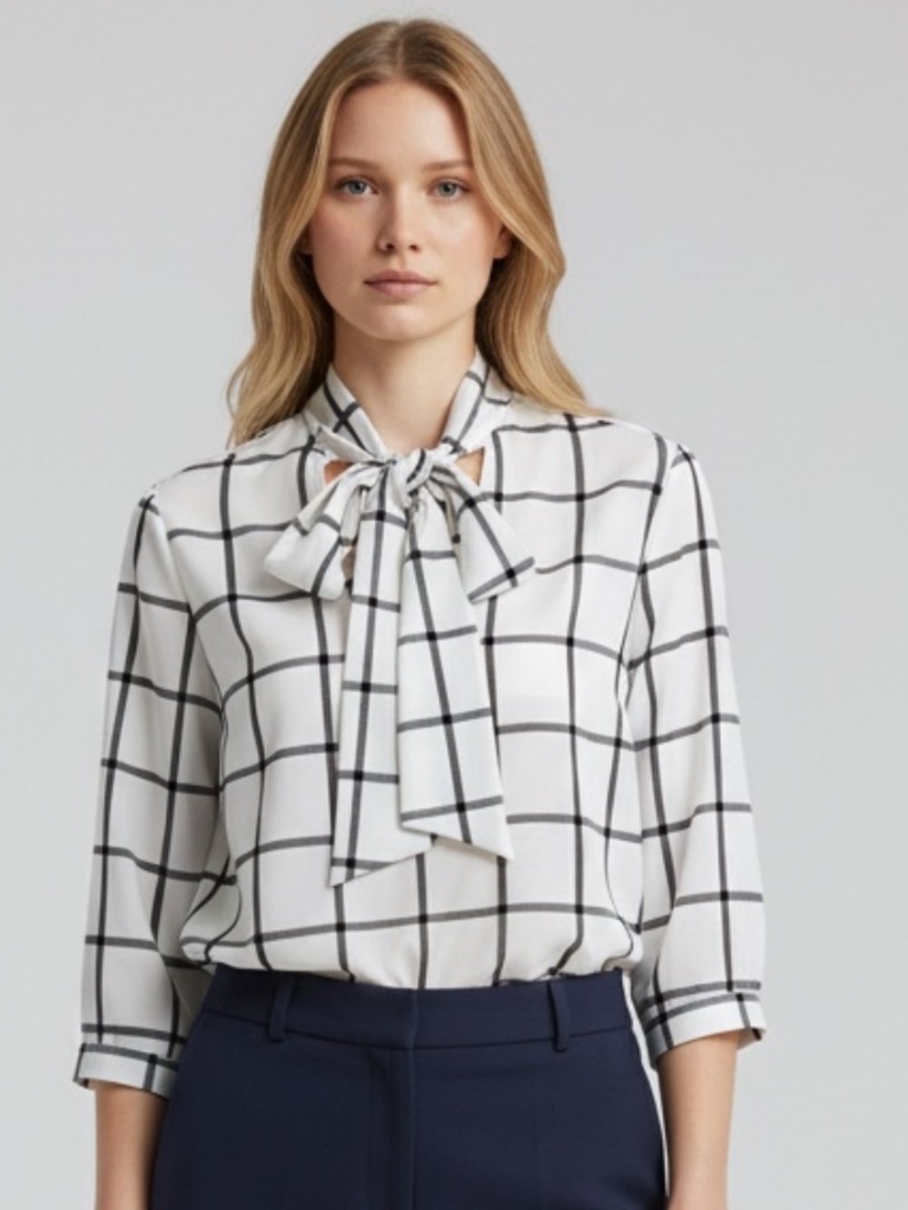 Anthropologie W5 Windowpane Grid Tie Neck Blouse White Black Medium Professional